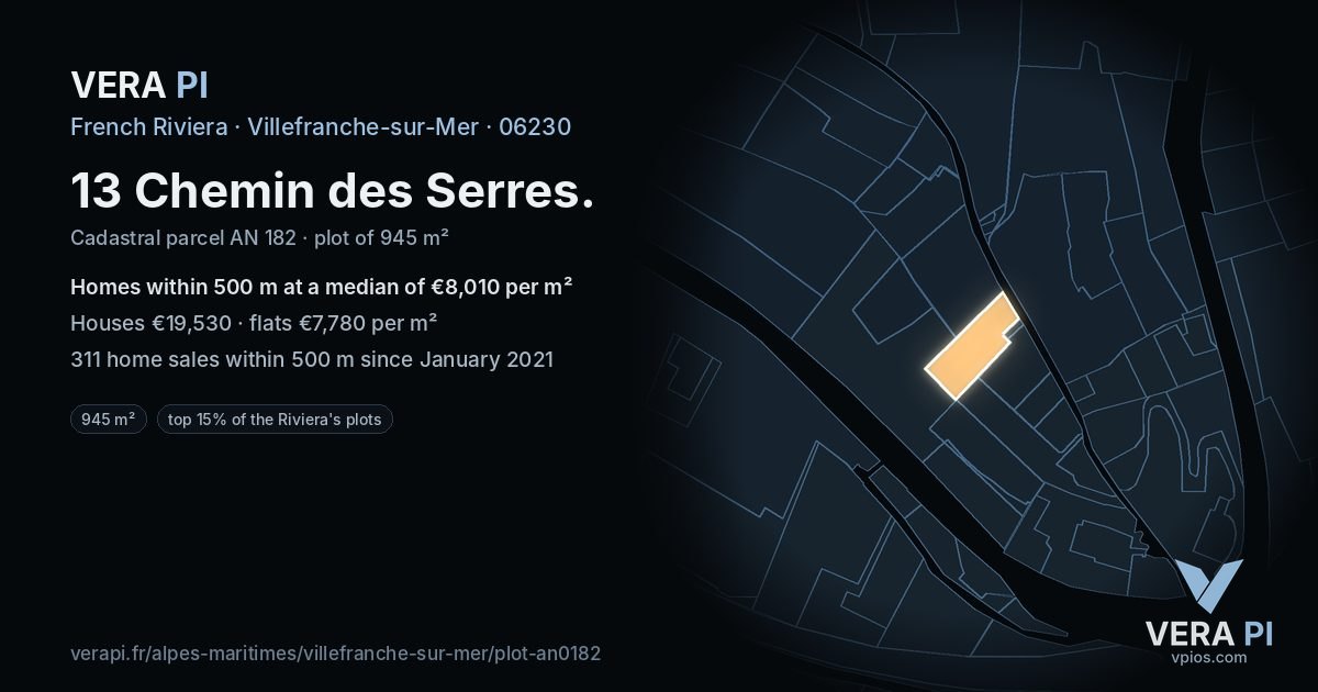 13 Chemin des Serres, Villefranche-sur-Mer at night – the plot lit, the parcels around coloured by the prices near them
