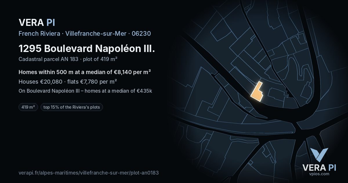 1295 Boulevard Napoléon III, Villefranche-sur-Mer at night – the plot lit, the parcels around coloured by the prices near them
