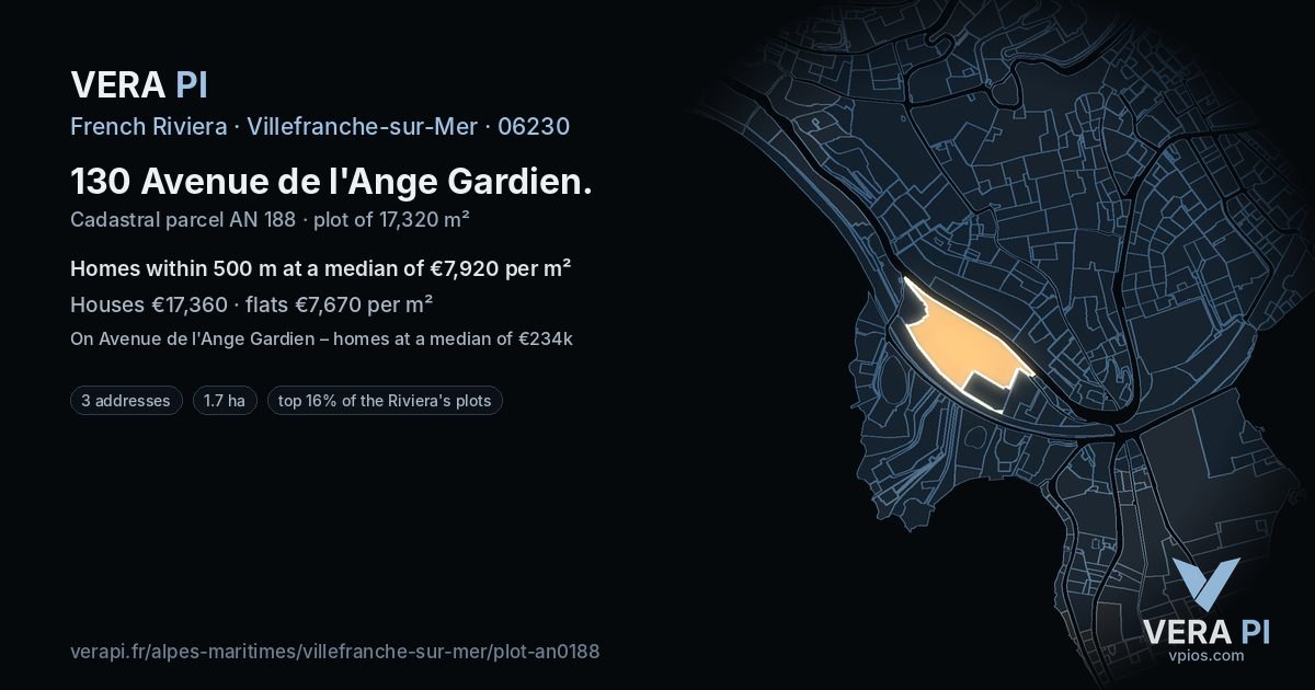 130 Avenue de l'Ange Gardien, Villefranche-sur-Mer at night – the plot lit, the parcels around coloured by the prices near them