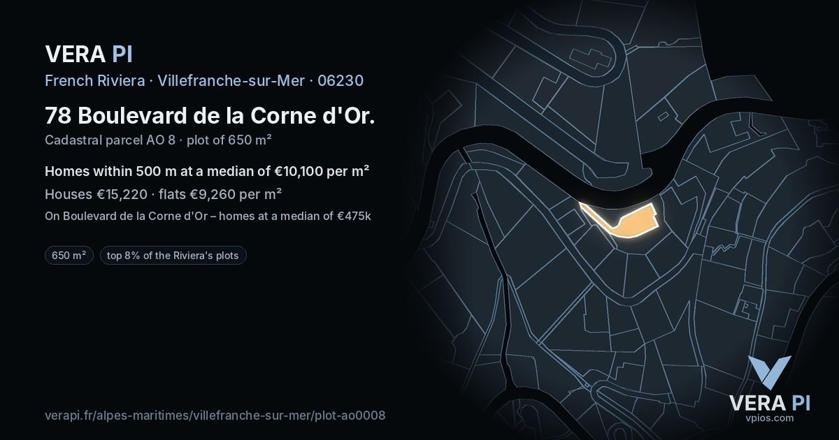 78 Boulevard de la Corne d'Or, Villefranche-sur-Mer at night – the plot lit, the parcels around coloured by the prices near them