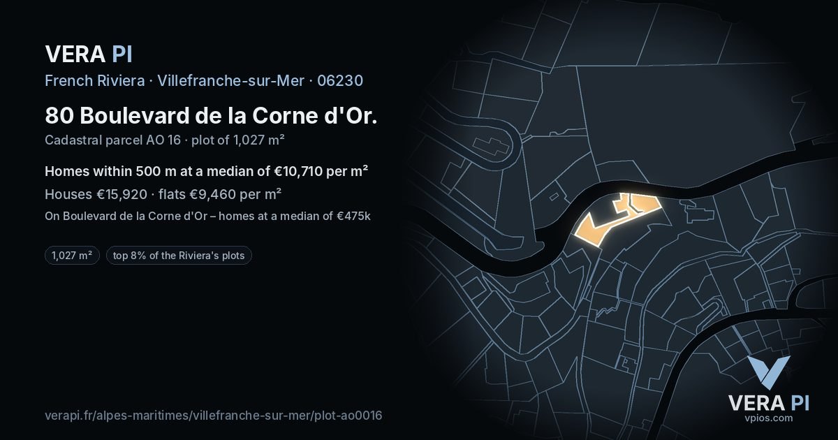 80 Boulevard de la Corne d'Or, Villefranche-sur-Mer at night – the plot lit, the parcels around coloured by the prices near them