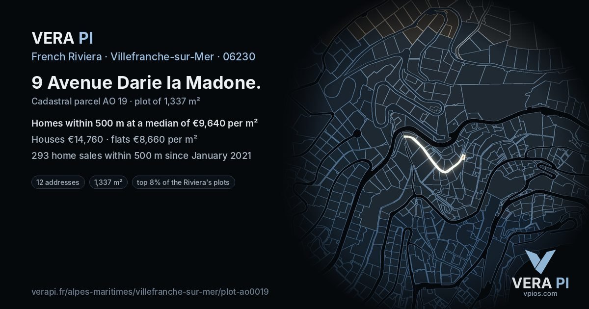 9 Avenue Darie la Madone, Villefranche-sur-Mer at night – the plot lit, the parcels around coloured by the prices near them
