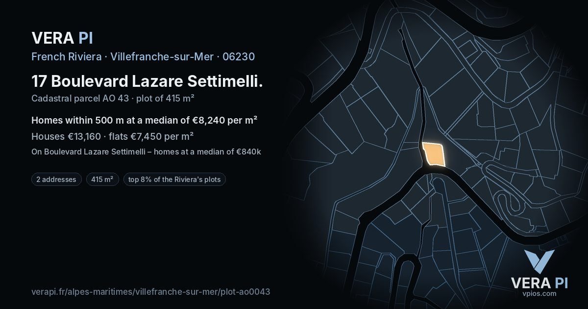 17 Boulevard Lazare Settimelli, Villefranche-sur-Mer at night – the plot lit, the parcels around coloured by the prices near them