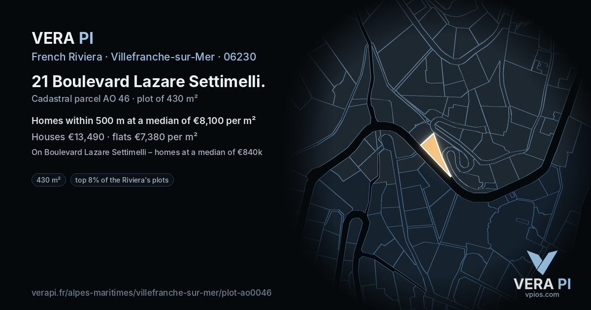 21 Boulevard Lazare Settimelli, Villefranche-sur-Mer at night – the plot lit, the parcels around coloured by the prices near them