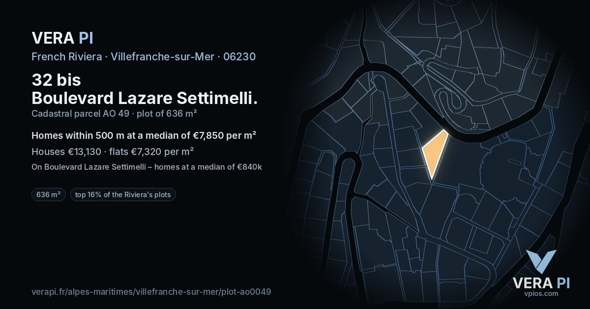 32 bis Boulevard Lazare Settimelli, Villefranche-sur-Mer at night – the plot lit, the parcels around coloured by the prices near them