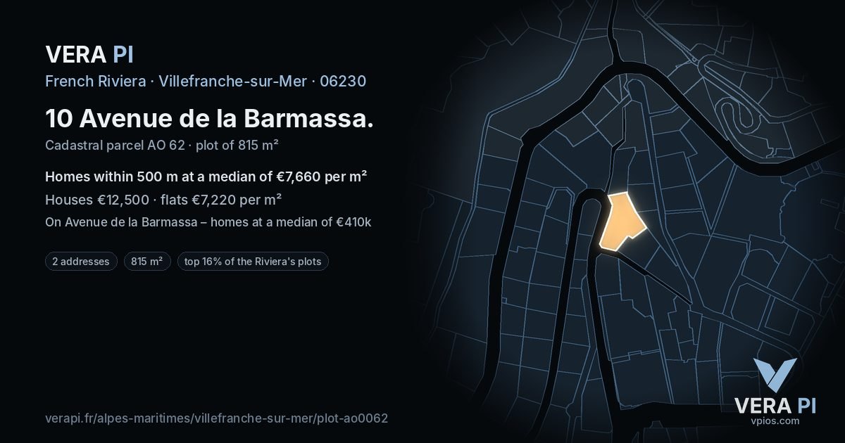 10 Avenue de la Barmassa, Villefranche-sur-Mer at night – the plot lit, the parcels around coloured by the prices near them