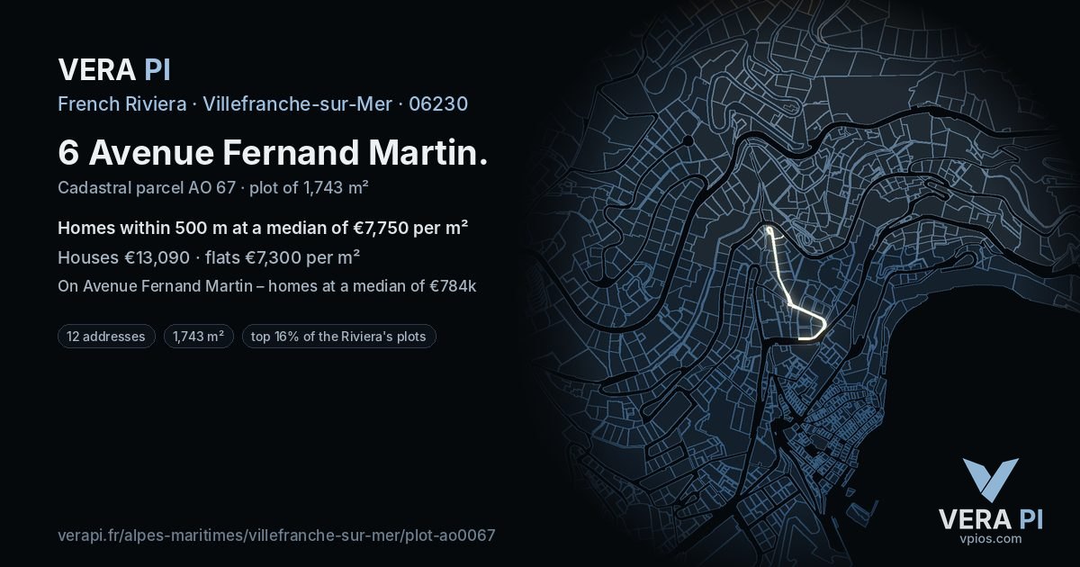 6 Avenue Fernand Martin, Villefranche-sur-Mer at night – the plot lit, the parcels around coloured by the prices near them