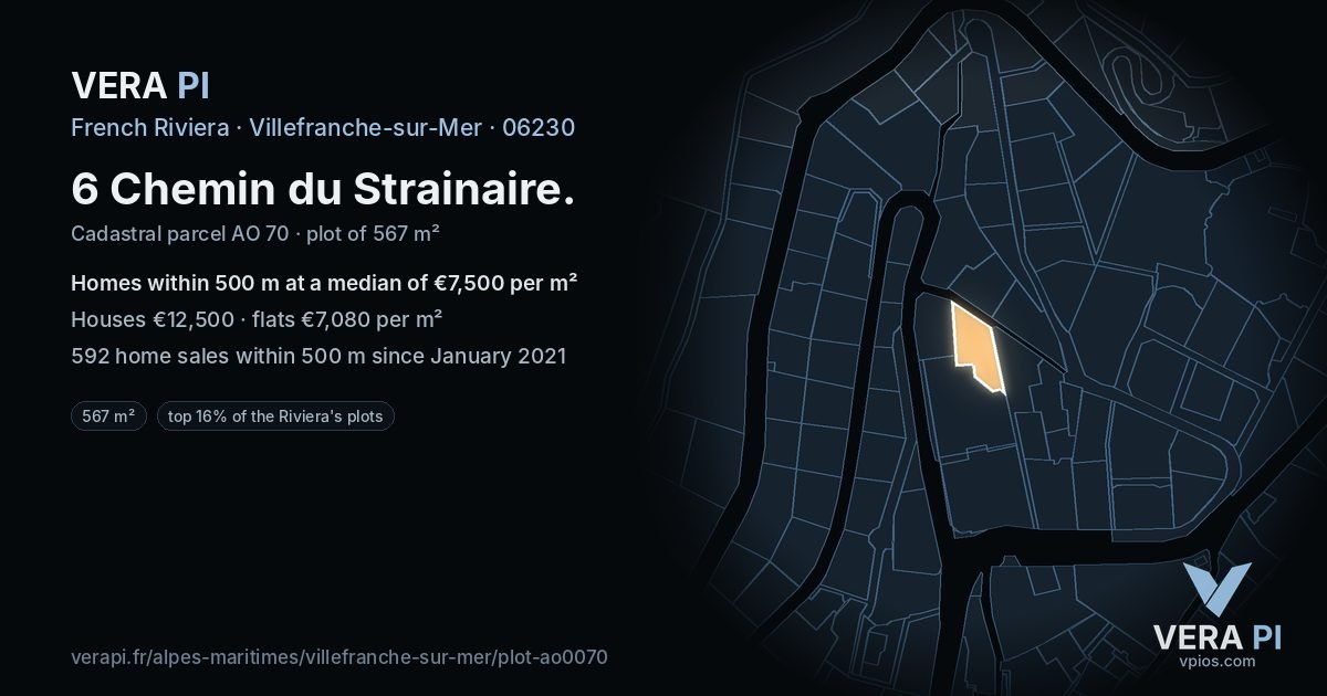 6 Chemin du Strainaire, Villefranche-sur-Mer at night – the plot lit, the parcels around coloured by the prices near them