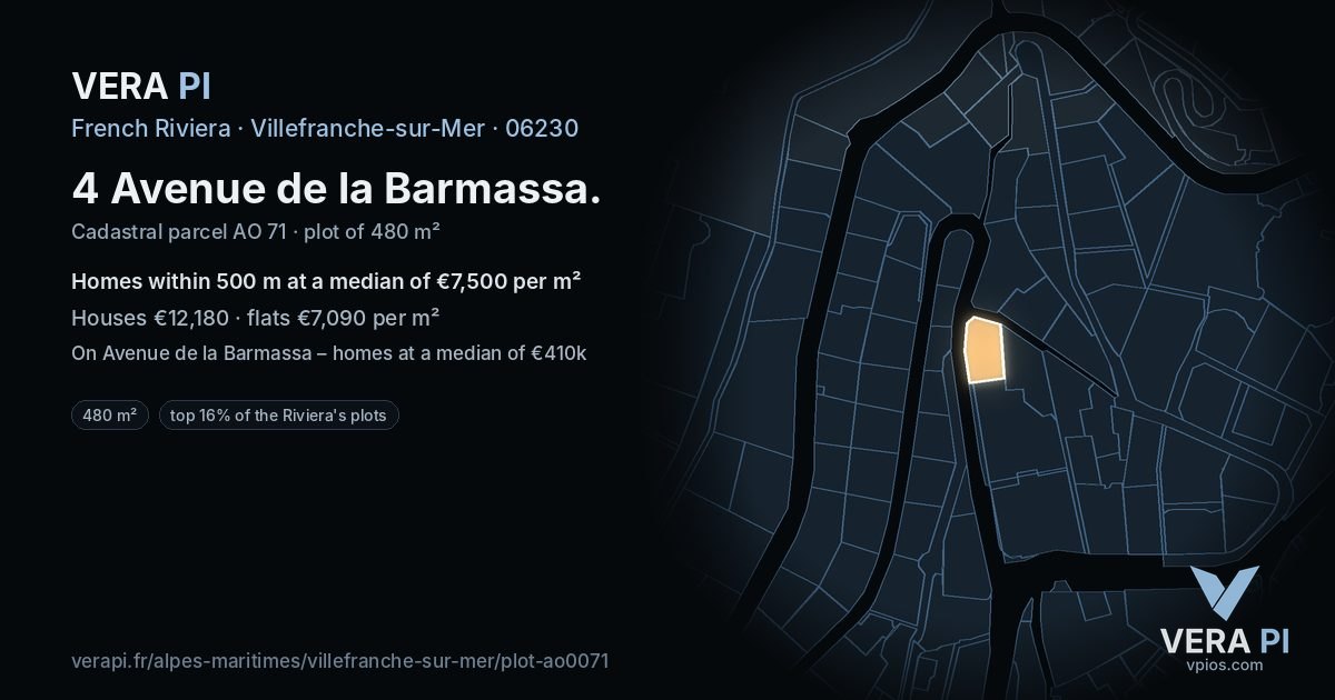 4 Avenue de la Barmassa, Villefranche-sur-Mer at night – the plot lit, the parcels around coloured by the prices near them