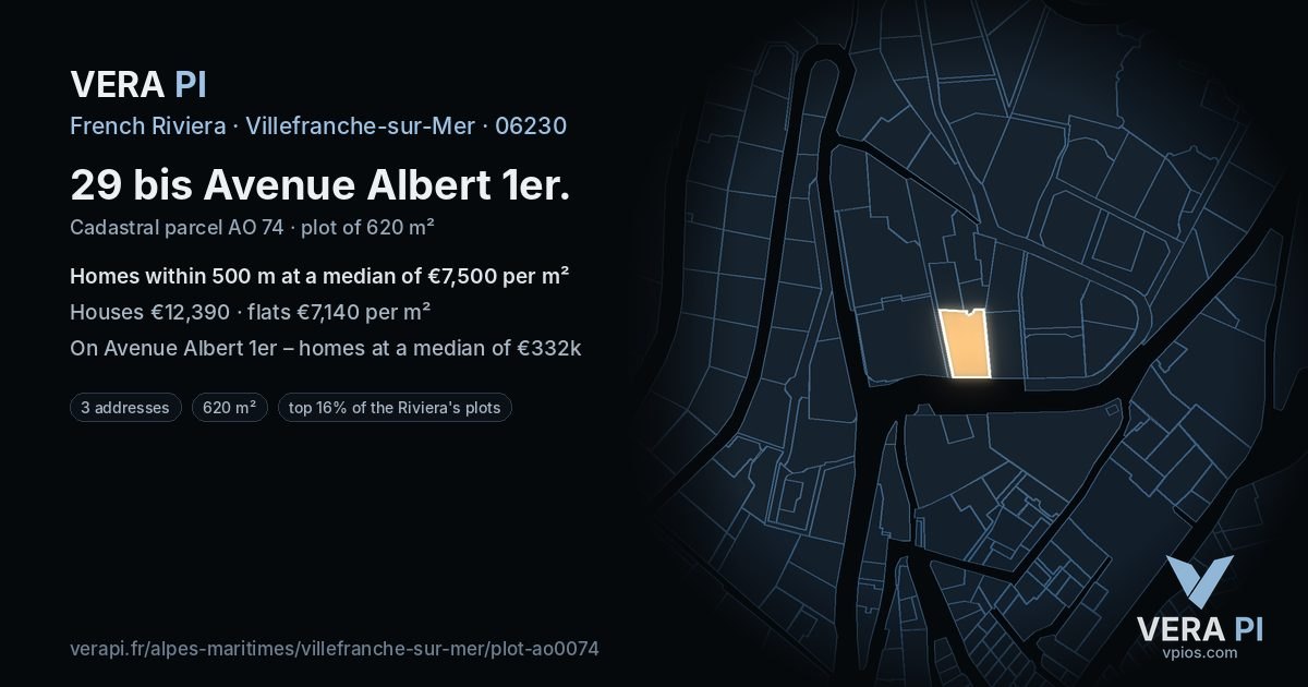 29 bis Avenue Albert 1er, Villefranche-sur-Mer at night – the plot lit, the parcels around coloured by the prices near them