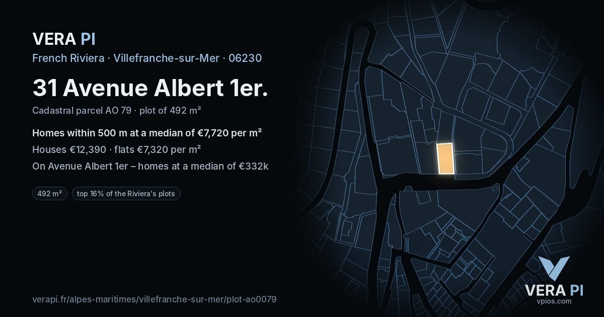 31 Avenue Albert 1er, Villefranche-sur-Mer at night – the plot lit, the parcels around coloured by the prices near them
