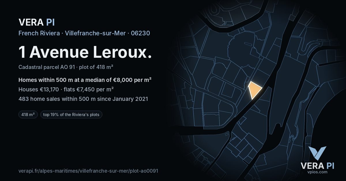 1 Avenue Leroux, Villefranche-sur-Mer at night – the plot lit, the parcels around coloured by the prices near them