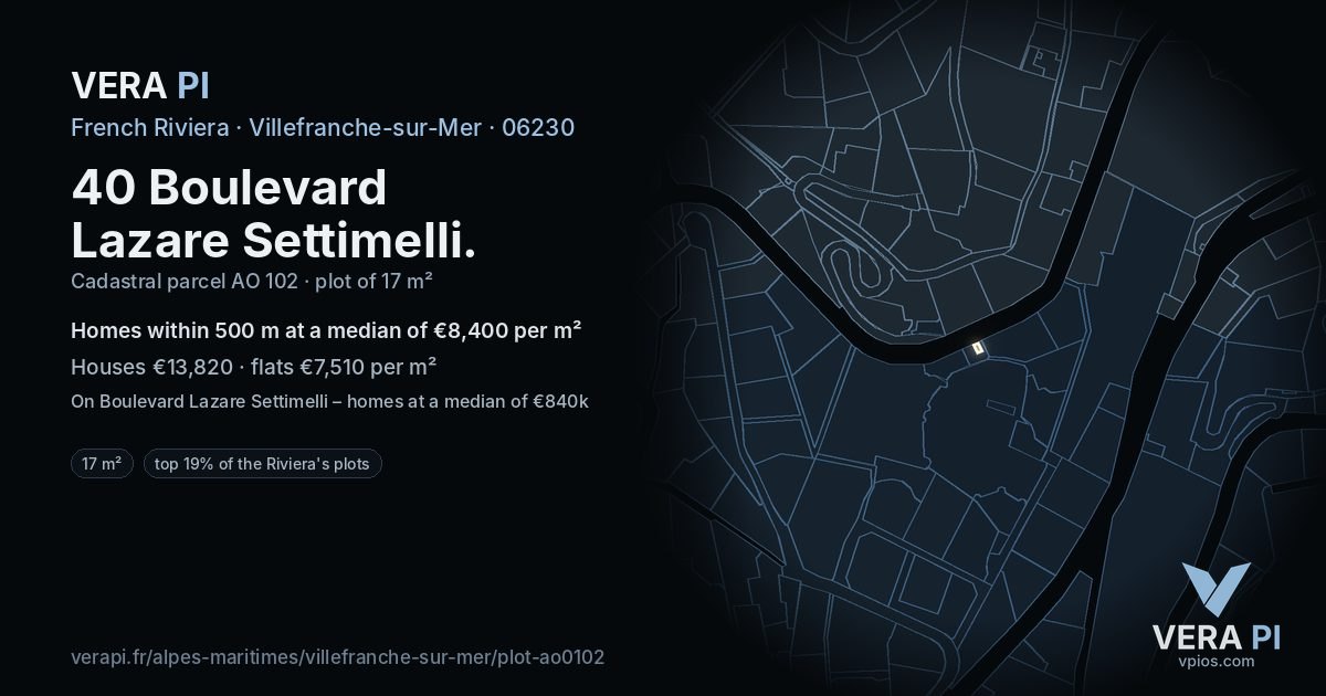 40 Boulevard Lazare Settimelli, Villefranche-sur-Mer at night – the plot lit, the parcels around coloured by the prices near them