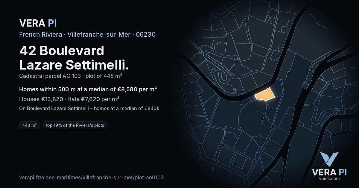 42 Boulevard Lazare Settimelli, Villefranche-sur-Mer at night – the plot lit, the parcels around coloured by the prices near them