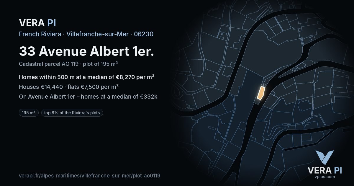 33 Avenue Albert 1er, Villefranche-sur-Mer at night – the plot lit, the parcels around coloured by the prices near them