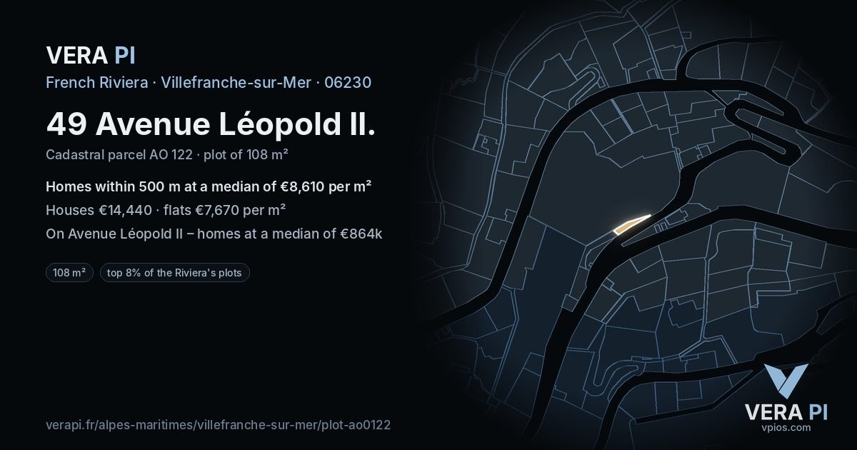 49 Avenue Léopold II, Villefranche-sur-Mer at night – the plot lit, the parcels around coloured by the prices near them
