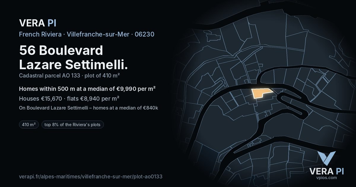 56 Boulevard Lazare Settimelli, Villefranche-sur-Mer at night – the plot lit, the parcels around coloured by the prices near them