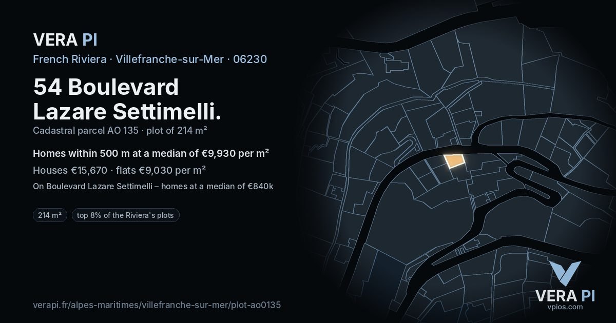 54 Boulevard Lazare Settimelli, Villefranche-sur-Mer at night – the plot lit, the parcels around coloured by the prices near them