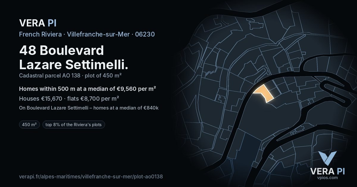48 Boulevard Lazare Settimelli, Villefranche-sur-Mer at night – the plot lit, the parcels around coloured by the prices near them