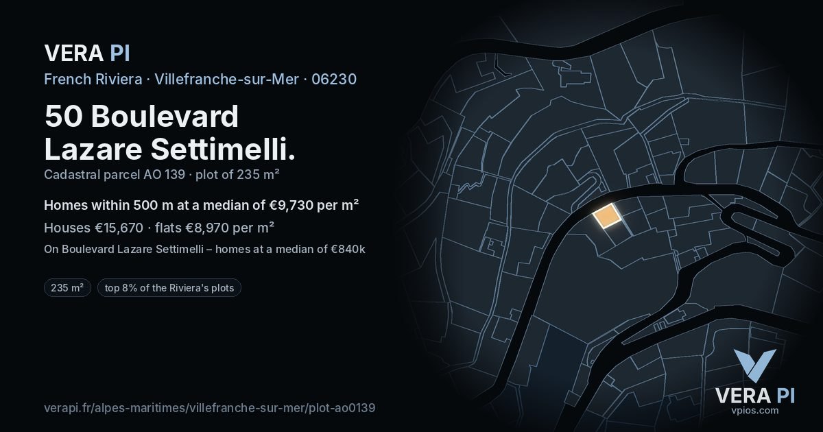 50 Boulevard Lazare Settimelli, Villefranche-sur-Mer at night – the plot lit, the parcels around coloured by the prices near them