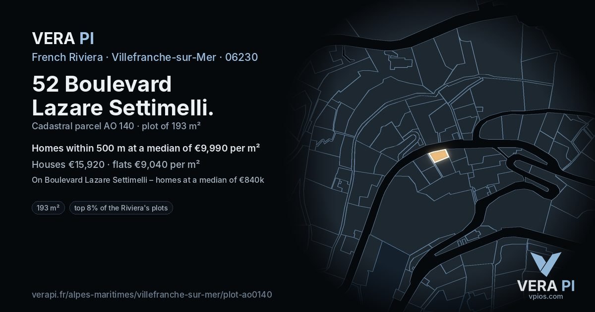 52 Boulevard Lazare Settimelli, Villefranche-sur-Mer at night – the plot lit, the parcels around coloured by the prices near them