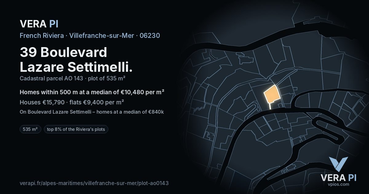 39 Boulevard Lazare Settimelli, Villefranche-sur-Mer at night – the plot lit, the parcels around coloured by the prices near them