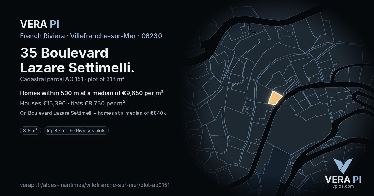 35 Boulevard Lazare Settimelli, Villefranche-sur-Mer at night – the plot lit, the parcels around coloured by the prices near them