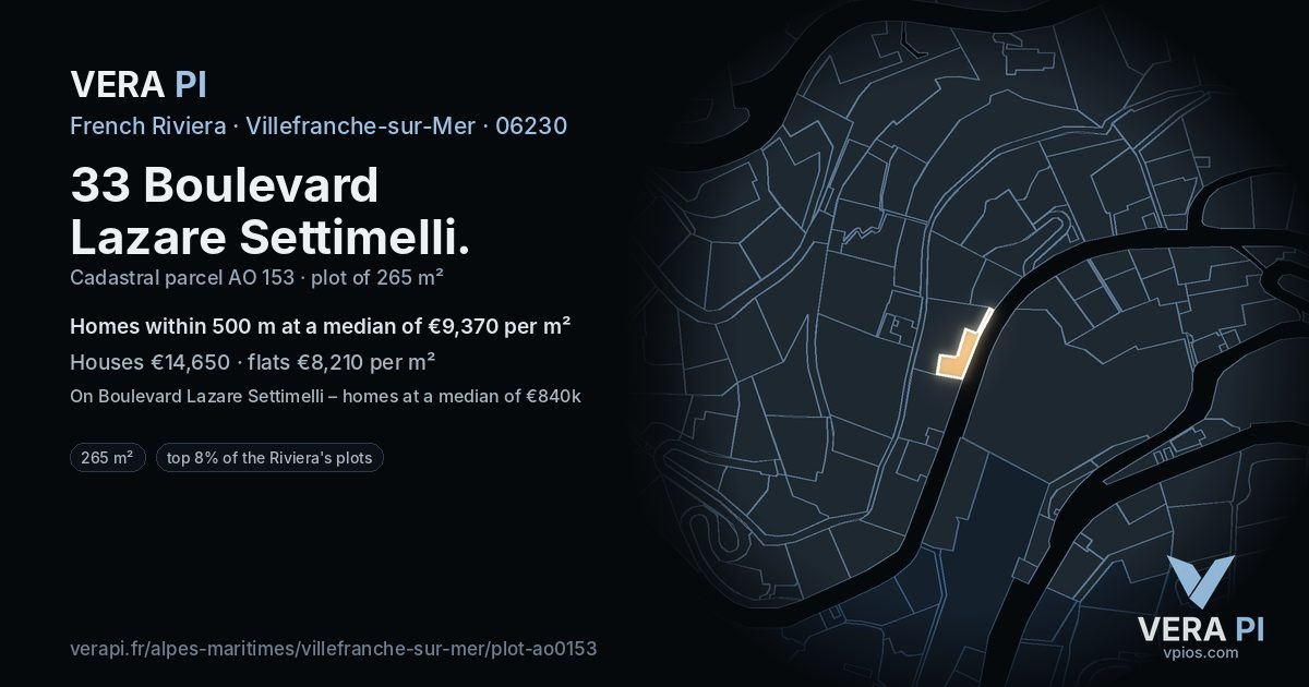 33 Boulevard Lazare Settimelli, Villefranche-sur-Mer at night – the plot lit, the parcels around coloured by the prices near them