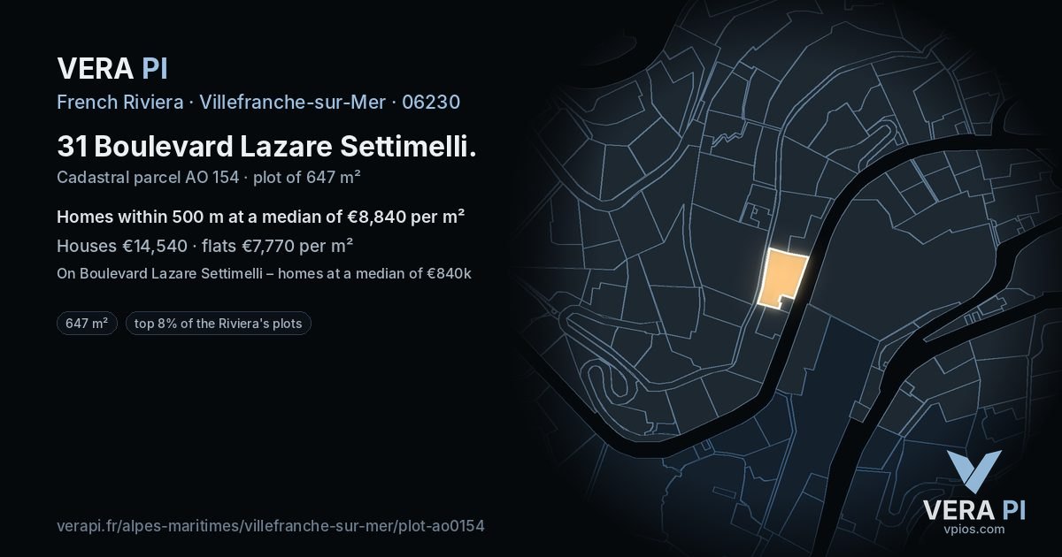 31 Boulevard Lazare Settimelli, Villefranche-sur-Mer at night – the plot lit, the parcels around coloured by the prices near them