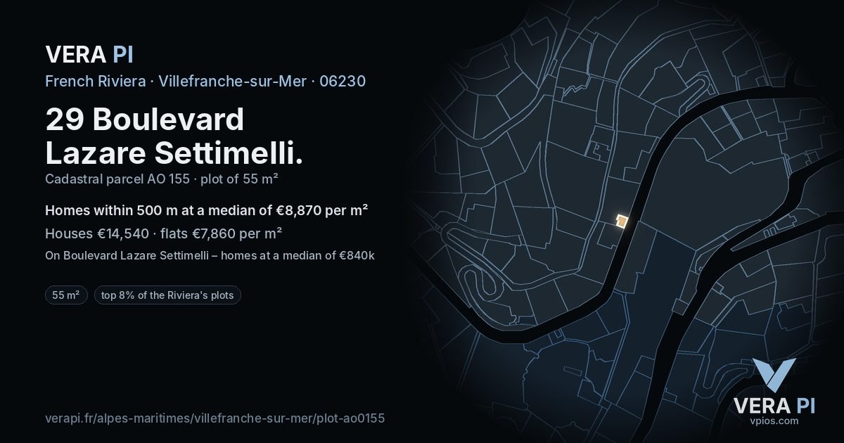 29 Boulevard Lazare Settimelli, Villefranche-sur-Mer at night – the plot lit, the parcels around coloured by the prices near them