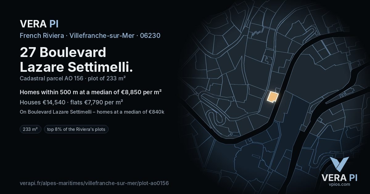 27 Boulevard Lazare Settimelli, Villefranche-sur-Mer at night – the plot lit, the parcels around coloured by the prices near them