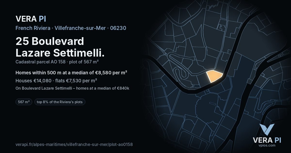 25 Boulevard Lazare Settimelli, Villefranche-sur-Mer at night – the plot lit, the parcels around coloured by the prices near them