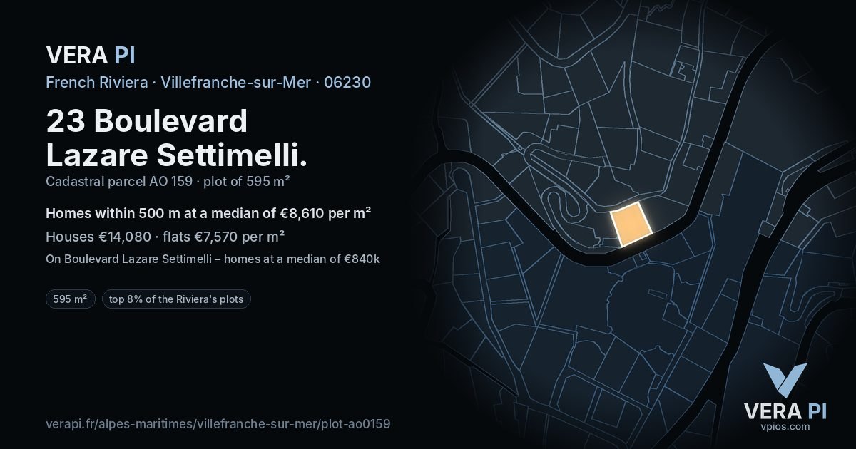 23 Boulevard Lazare Settimelli, Villefranche-sur-Mer at night – the plot lit, the parcels around coloured by the prices near them