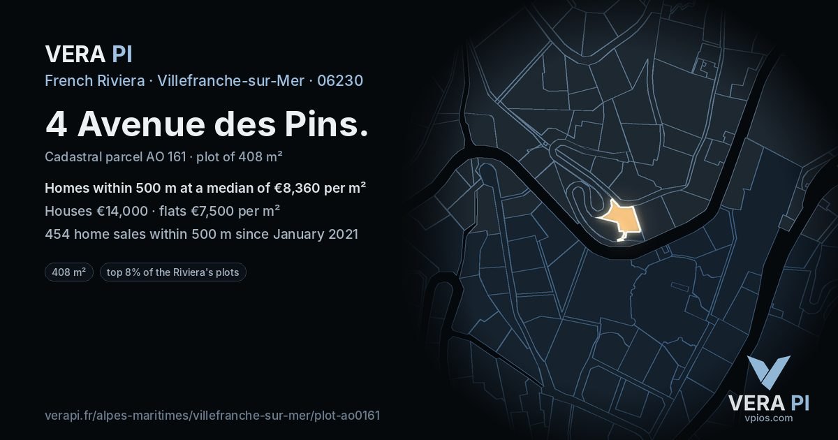 4 Avenue des Pins, Villefranche-sur-Mer at night – the plot lit, the parcels around coloured by the prices near them