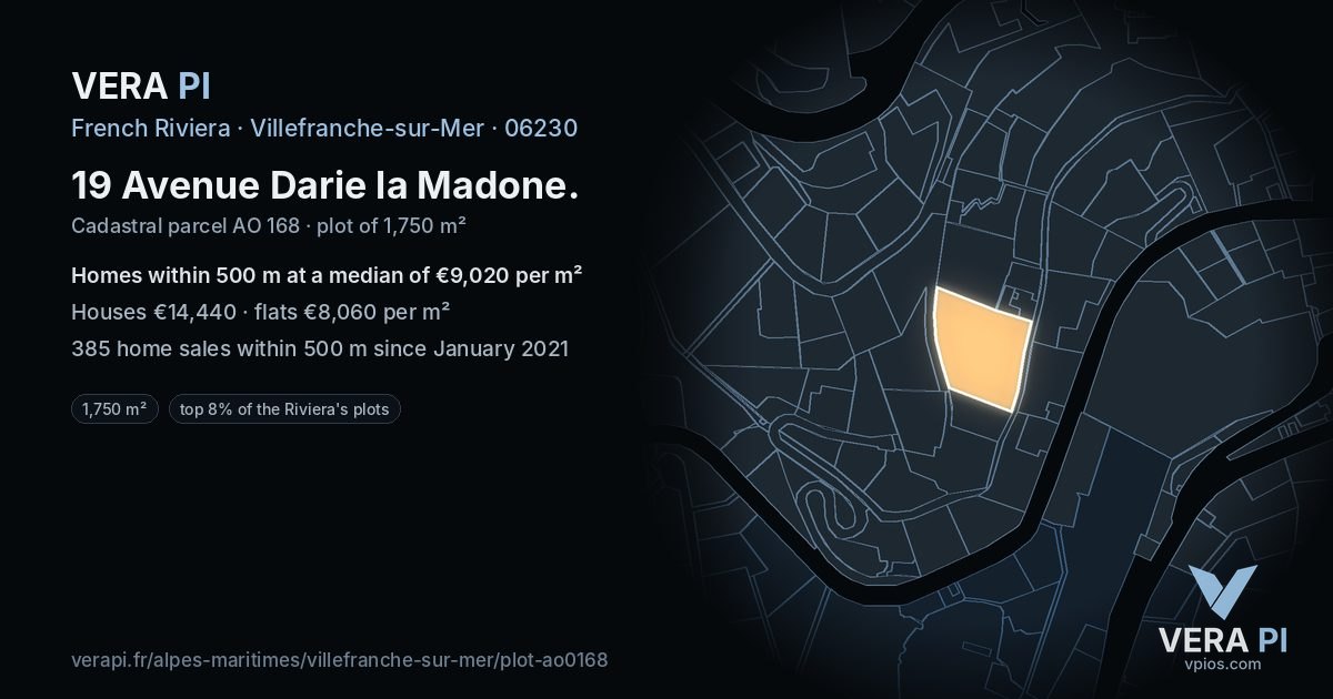 19 Avenue Darie la Madone, Villefranche-sur-Mer at night – the plot lit, the parcels around coloured by the prices near them