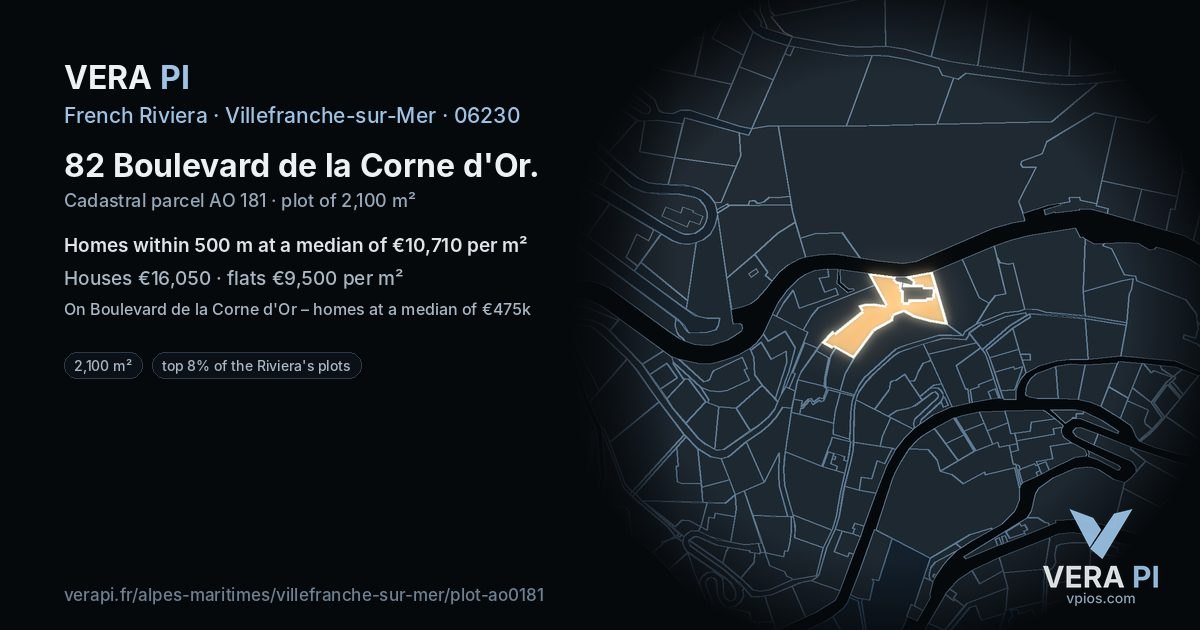 82 Boulevard de la Corne d'Or, Villefranche-sur-Mer at night – the plot lit, the parcels around coloured by the prices near them
