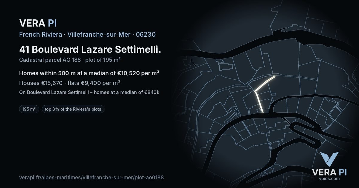 41 Boulevard Lazare Settimelli, Villefranche-sur-Mer at night – the plot lit, the parcels around coloured by the prices near them