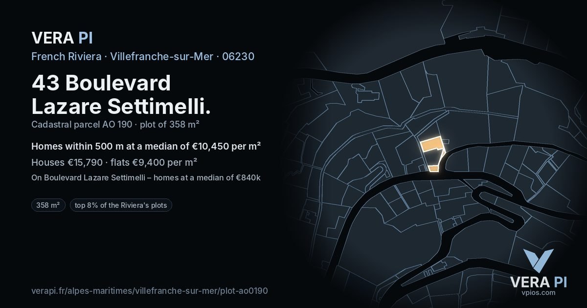 43 Boulevard Lazare Settimelli, Villefranche-sur-Mer at night – the plot lit, the parcels around coloured by the prices near them