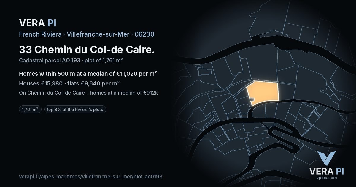 33 Chemin du Col-de Caire, Villefranche-sur-Mer at night – the plot lit, the parcels around coloured by the prices near them