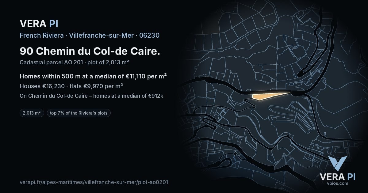 90 Chemin du Col-de Caire, Villefranche-sur-Mer at night – the plot lit, the parcels around coloured by the prices near them