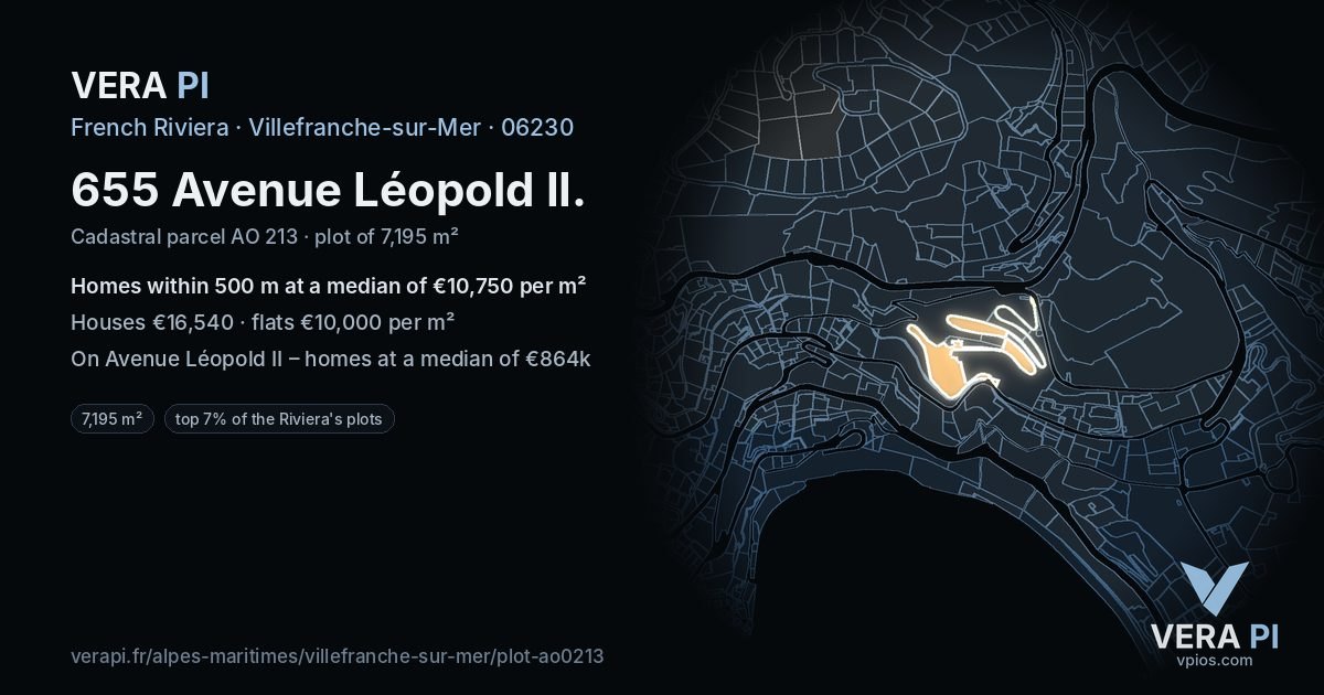 655 Avenue Léopold II, Villefranche-sur-Mer at night – the plot lit, the parcels around coloured by the prices near them