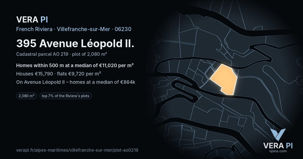 395 Avenue Léopold II, Villefranche-sur-Mer at night – the plot lit, the parcels around coloured by the prices near them