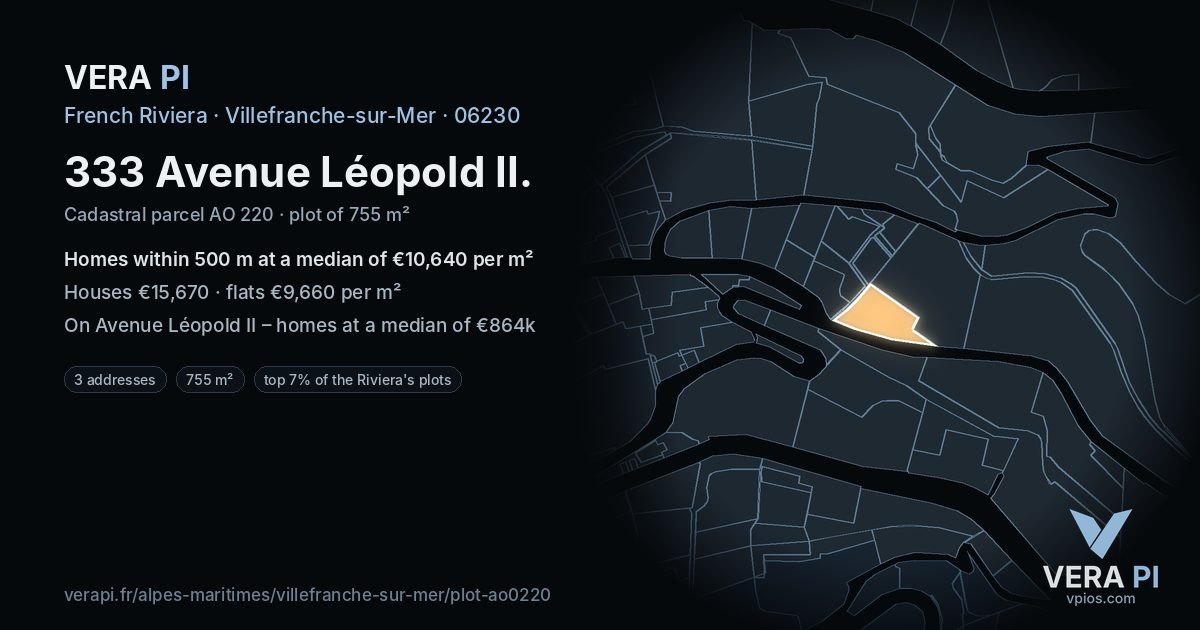 333 Avenue Léopold II, Villefranche-sur-Mer at night – the plot lit, the parcels around coloured by the prices near them