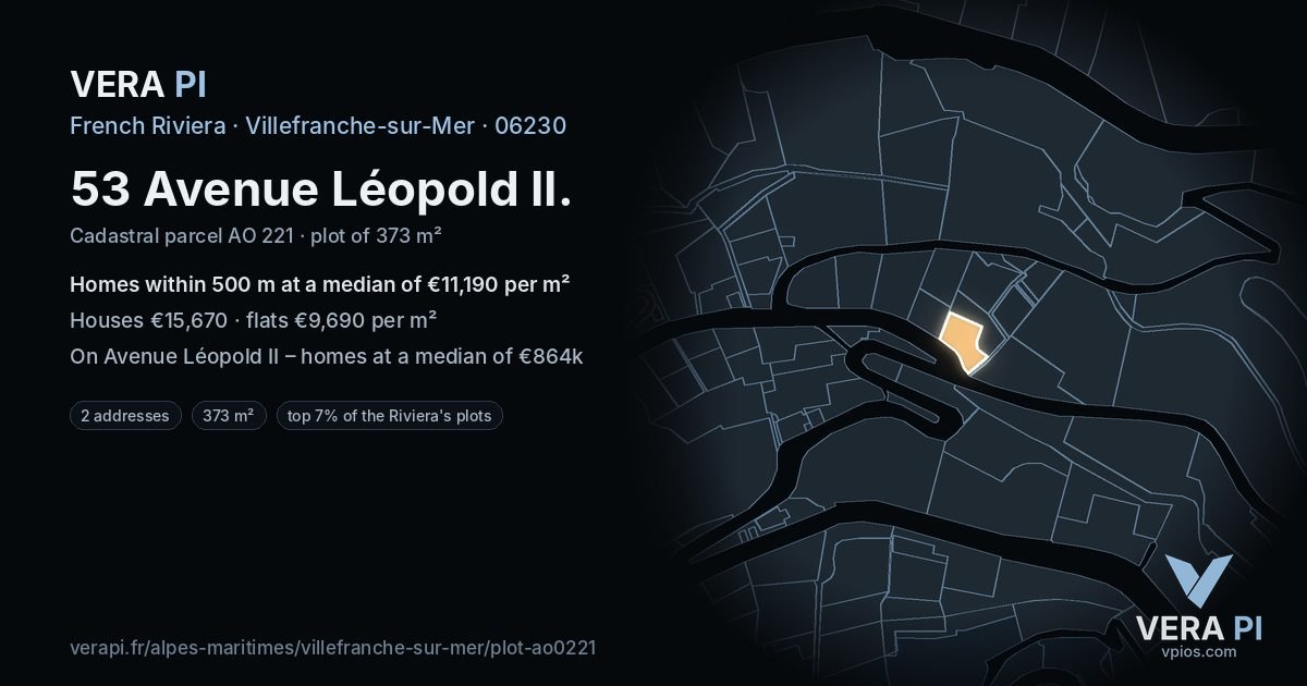 53 Avenue Léopold II, Villefranche-sur-Mer at night – the plot lit, the parcels around coloured by the prices near them