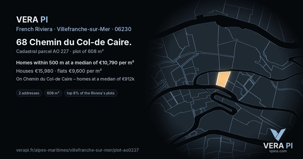 68 Chemin du Col-de Caire, Villefranche-sur-Mer at night – the plot lit, the parcels around coloured by the prices near them