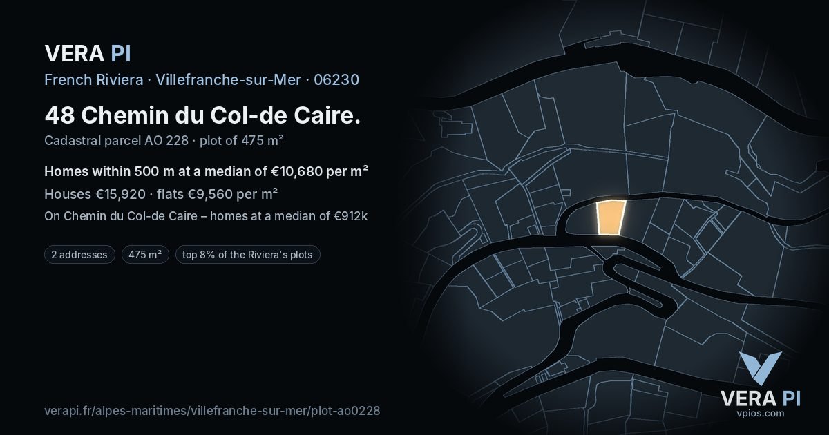 48 Chemin du Col-de Caire, Villefranche-sur-Mer at night – the plot lit, the parcels around coloured by the prices near them
