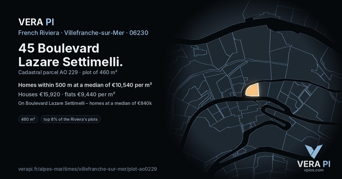 45 Boulevard Lazare Settimelli, Villefranche-sur-Mer at night – the plot lit, the parcels around coloured by the prices near them