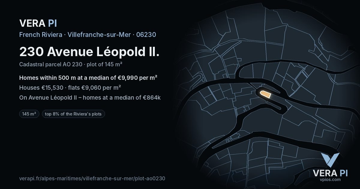 230 Avenue Léopold II, Villefranche-sur-Mer at night – the plot lit, the parcels around coloured by the prices near them