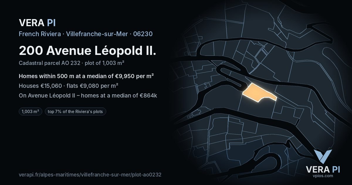 200 Avenue Léopold II, Villefranche-sur-Mer at night – the plot lit, the parcels around coloured by the prices near them