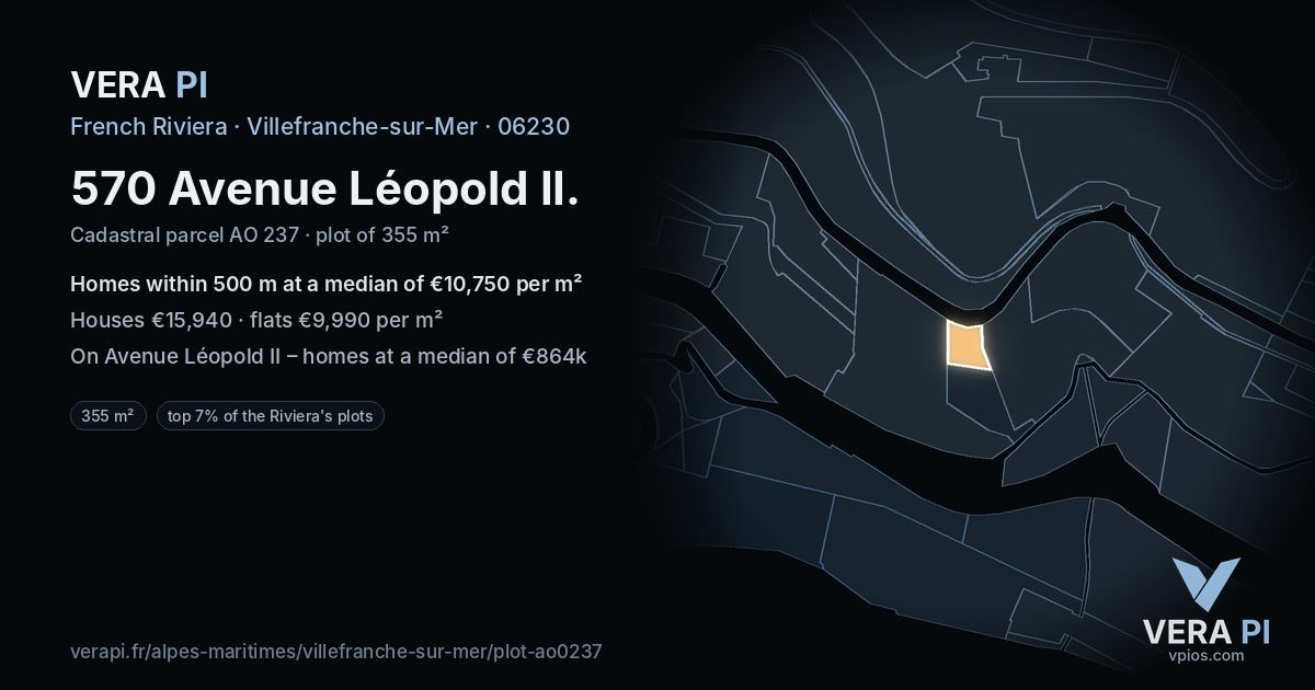 570 Avenue Léopold II, Villefranche-sur-Mer at night – the plot lit, the parcels around coloured by the prices near them
